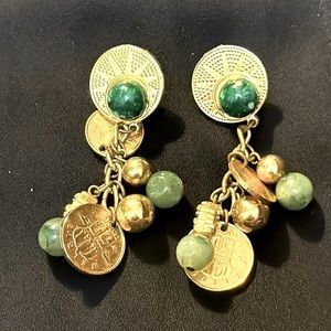 Vintage Gold Tone Coin and Faux Jade Dangle Earrings